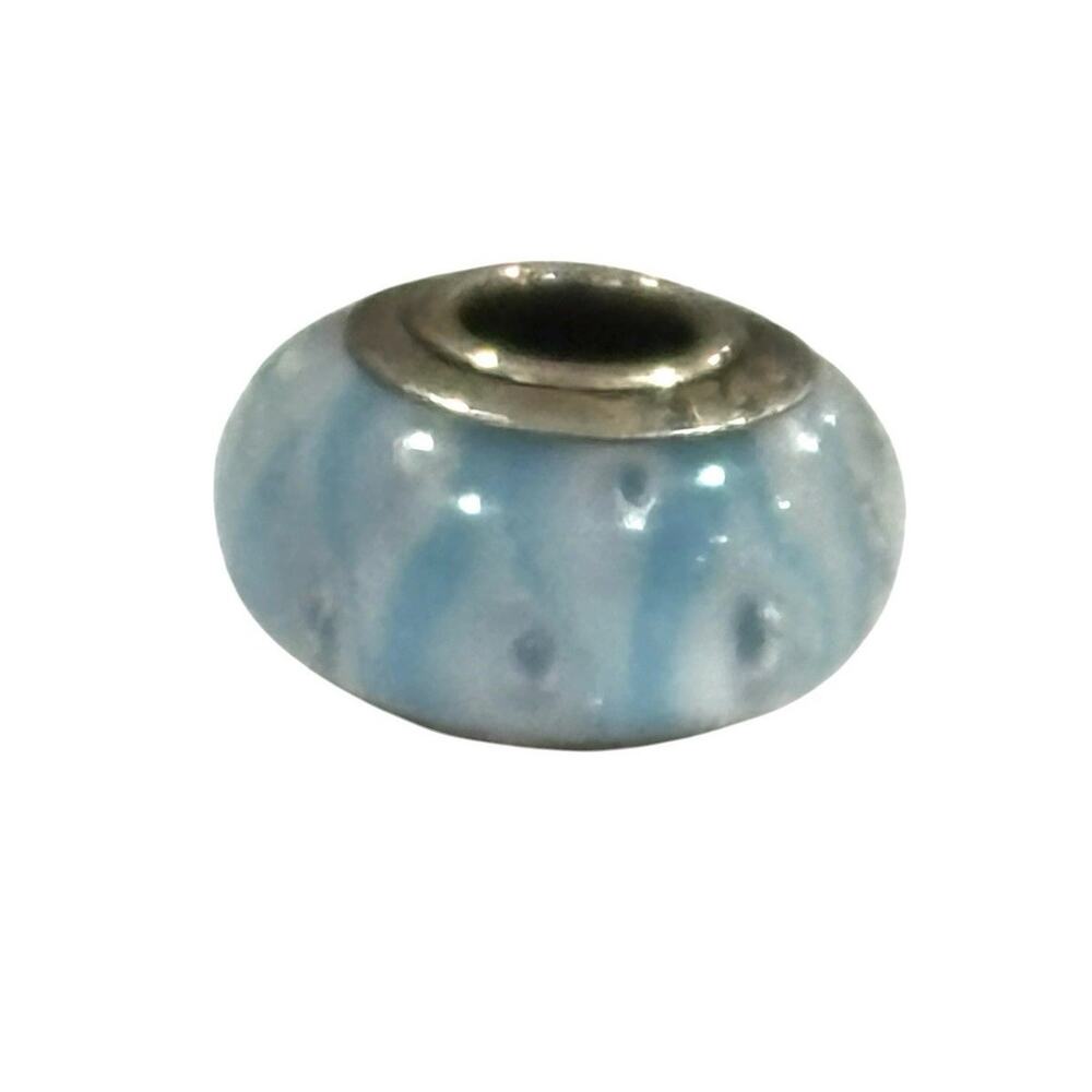 925 Sterling Silver Slide Bead Charm Murano Glass Style Blue & White Tear Drop